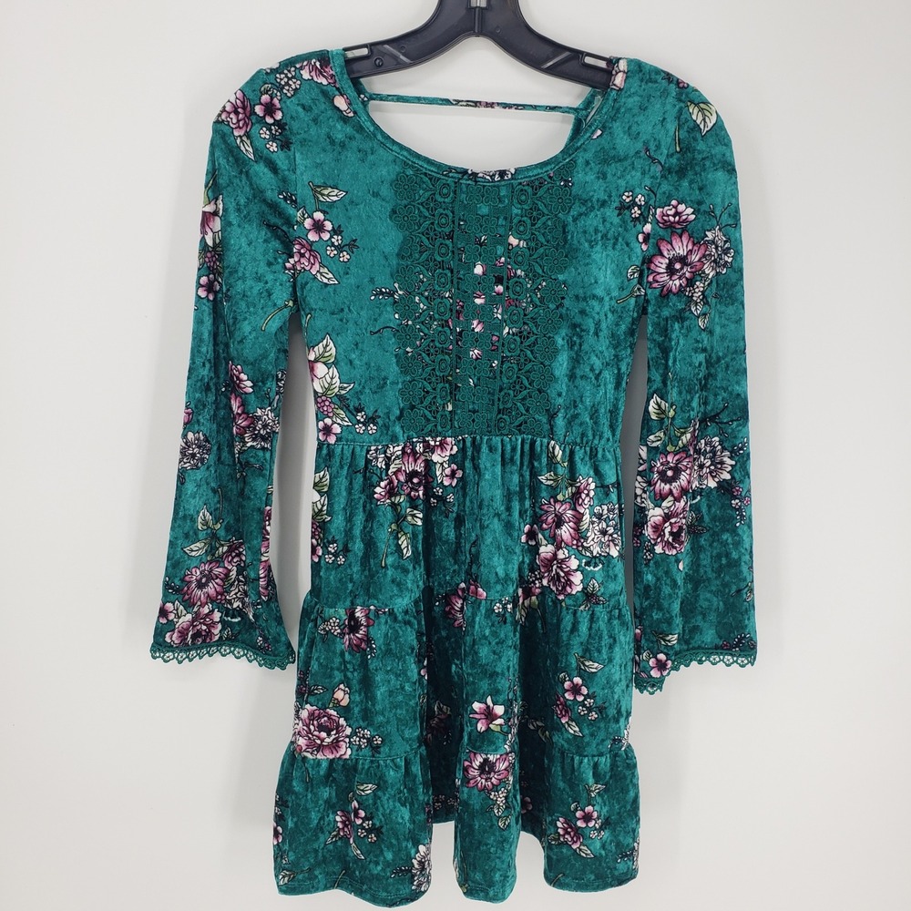 BEAUTEES‎ Floral Velvet Tiered Dress Girls 12 Teal Crochet Lace Long Bell Sleeve
